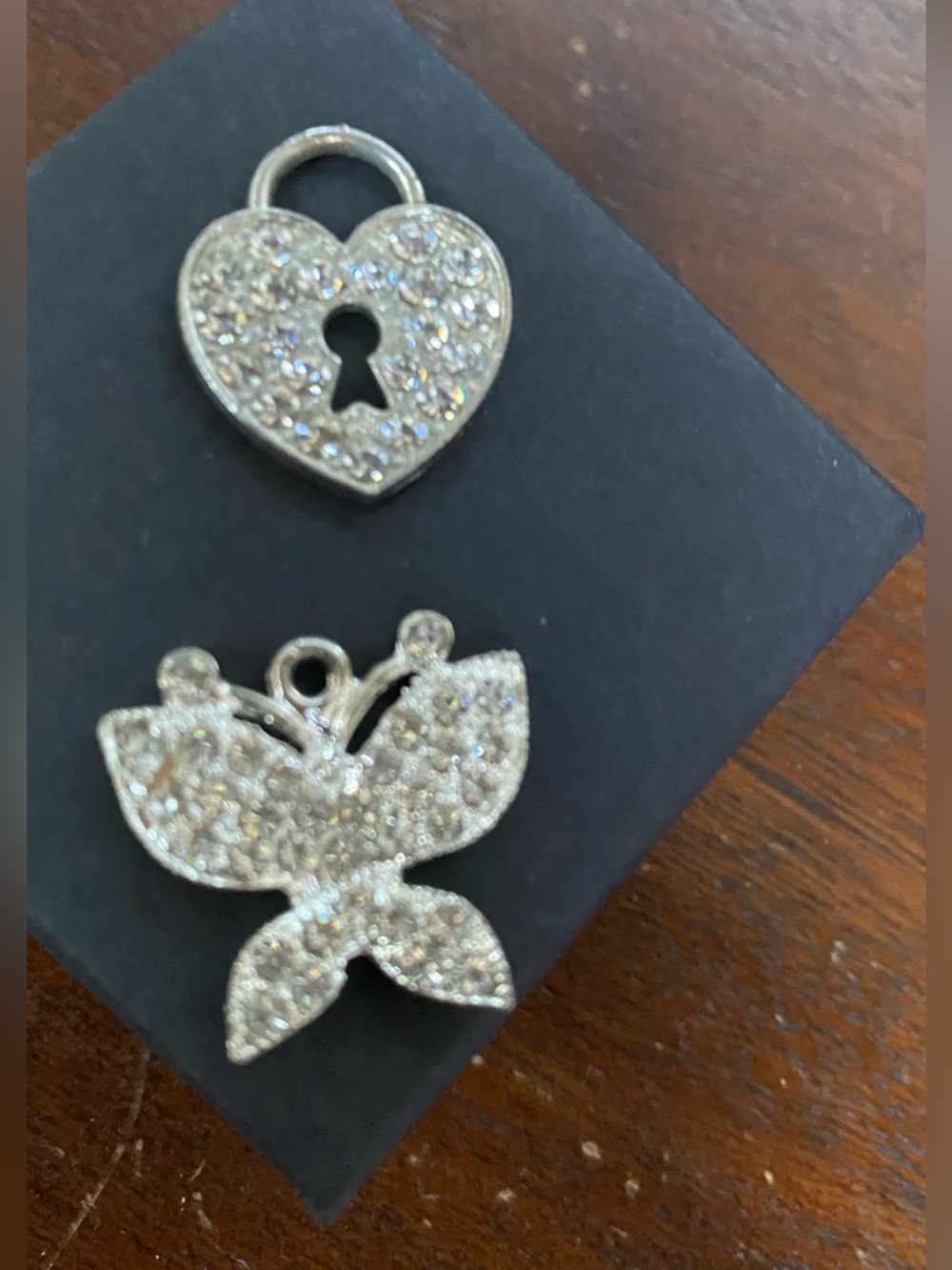Rhinestone Heart Padlock & Butterfly Charms - Sparkling Silver